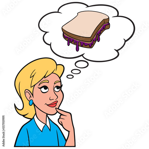 Girl thinking about a Peanut Butter and Jelly Sandwich - A cartoon illustration of a Girl thinking about eating a Peanut Butter and Jelly Sandwich.
