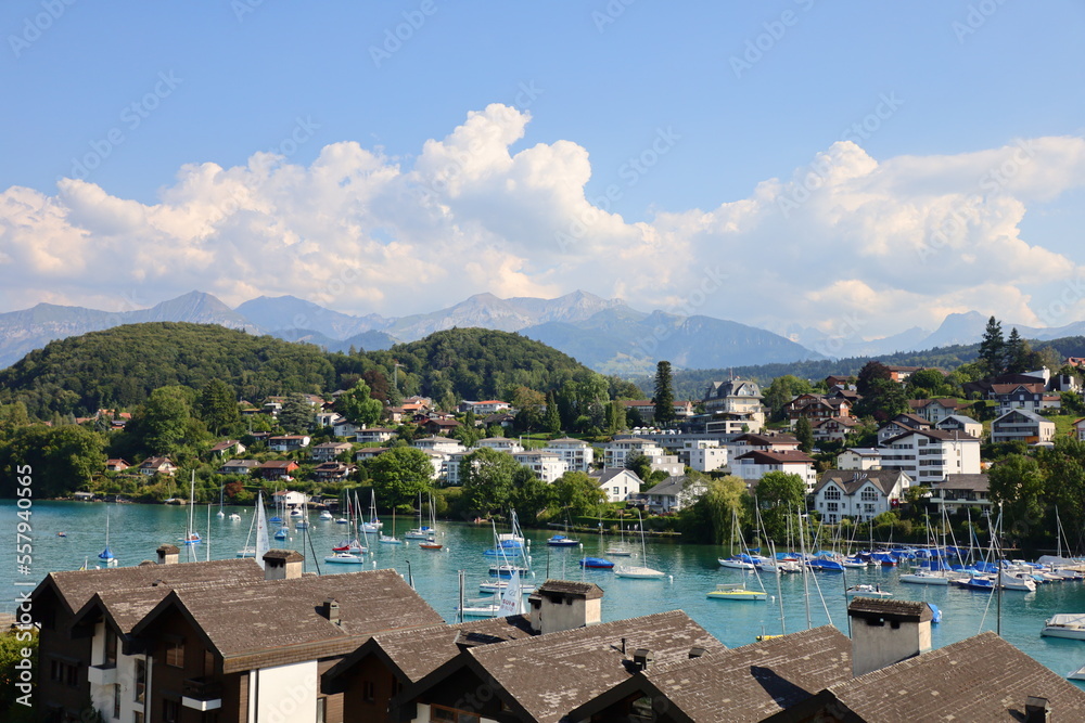 View from the Spiez Castle which is a castle in the municipality of Spiez of the Swiss canton of Bern