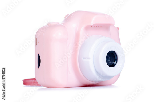 Pink toy Children's camera on white background isolation