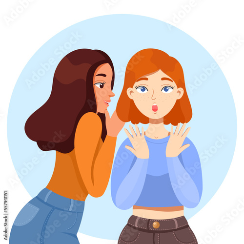 Flat vector image of a girl whispers a secret to another girl. the concept of talkativeness and gossips