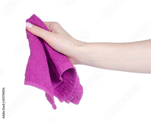 Pink hand towel in hand on white background isolation