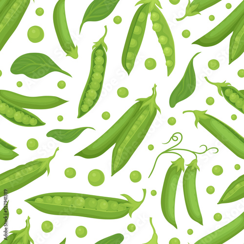 Green peas, pods and seeds seamless pattern. Healthy natural organic product repeating print for wallpaper, wrapping paper, textile, package design cartoon vector