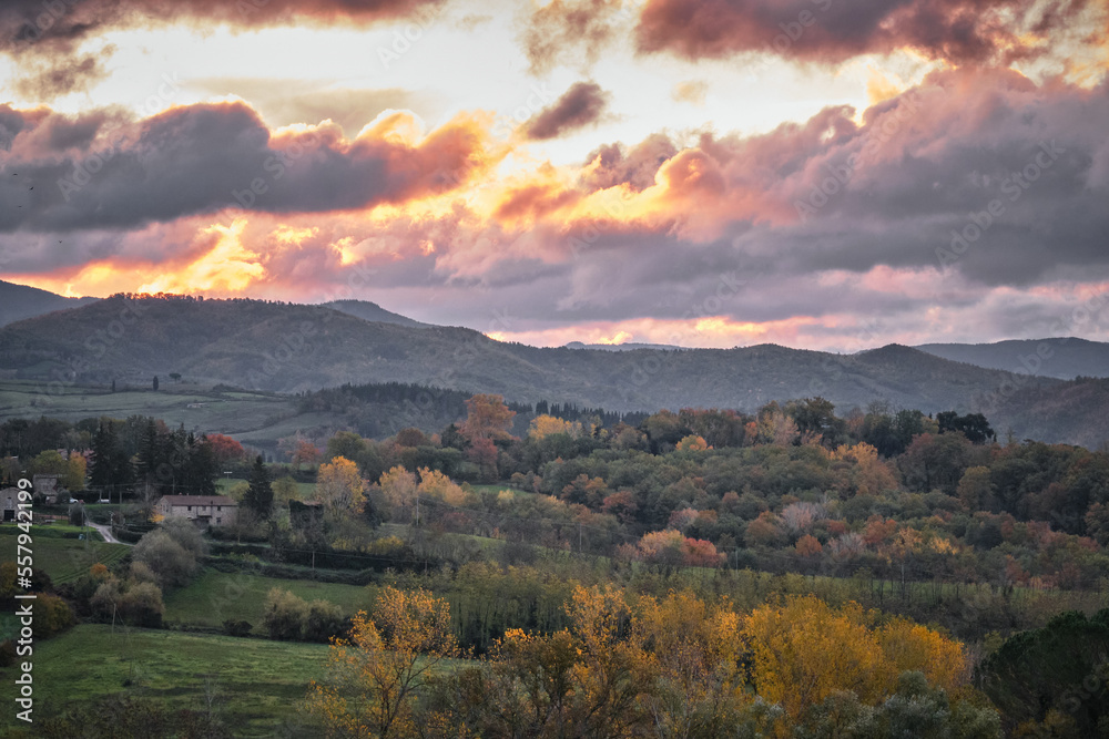 Autumnal landscape at sunset of tuscan countryside in Mugello