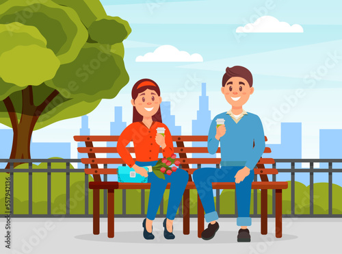 Couple of happy man and woman having date in city park after online dating. Romantic couple sitting on bench, communicating and drinking coffee cartoon vector