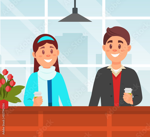 Loving couple drinking coffee in cafe. Man and woman sitting at table and communicating cartoon vector