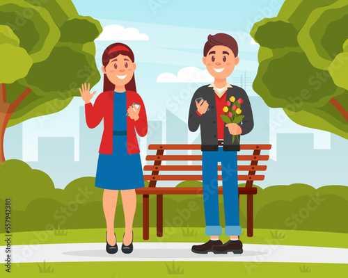 Couple of happy man and woman meeting in city park after online dating. First romantic date in public place cartoon vector