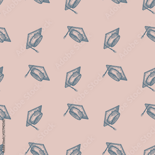 Graduate hat engraved seamless pattern. Vintage element education in hand drawn style. Sketch texture for fabric, wallpaper, textile, print, title, wrapping paper. Vector illustration.