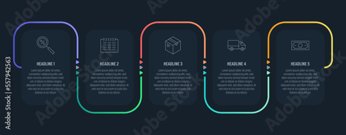 Dark process Infographics with five steps and colorful elements. Thin line vector icons. Data graphs for flow charts, presentations and UI