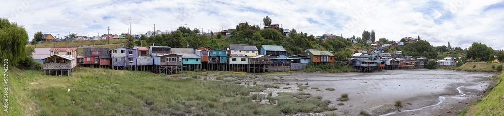 Panorama of the Palafitos de Pedro Montt - colorful stilt houses on Chiloé (Isla Grande de Chiloé) in Chile 