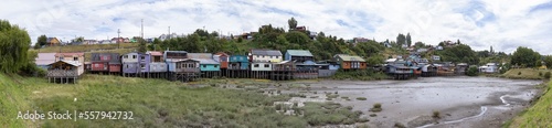 Panorama of the Palafitos de Pedro Montt - colorful stilt houses on Chiloé (Isla Grande de Chiloé) in Chile 