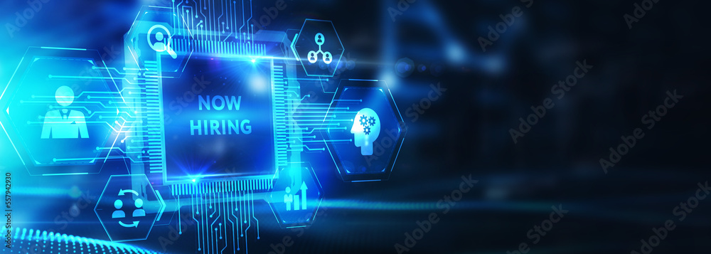 Business, Technology, Internet and network concept. NOW HIRING inscription, modern technology business concept.3d illustration Business, Technology, Internet and network concept. NOW HIRING inscription, modern technology business concept.3d illustration