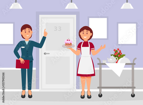 Professional watress and manager standing in hotel hall, establishment services staff. Hotel room service workers in uniform cartoon vector