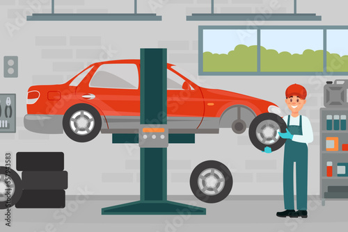 Car service worker change automobile wheels in maintenance workshop. Male mechanics in overalls repairing car cartoon vector