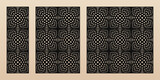 Laser cut panel set. Vector template with abstract geometric patterns, lines, grid, cubes. Optical illusion effect. Decorative stencil for laser cutting of wood, metal. Aspect ratio 1:3, 2:3, 1:1