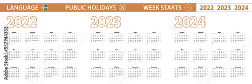 2022, 2023, 2024 year vector calendar in Swedish language, week starts on Sunday.