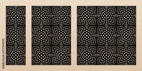 Laser cut panel set. Vector template with abstract geometric patterns, lines, grid, cubes. Optical illusion effect. Decorative stencil for laser cutting of wood, metal. Aspect ratio 1:3, 2:3, 1:1