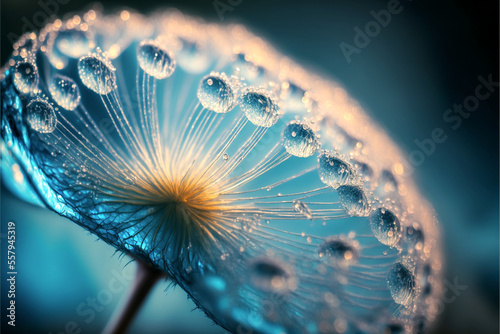 Beautiful dew drops on dandelion macro close-up, Generative AI