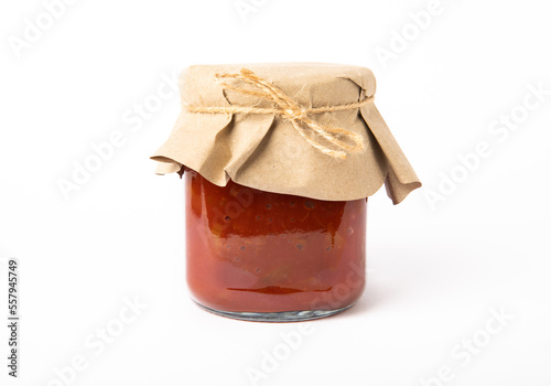 Canned tomato sauce, prepared at home isolated on white background