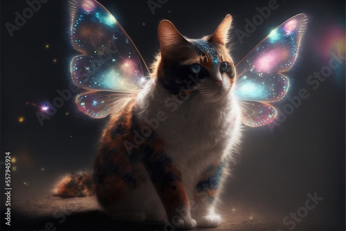 Obraz na płótnie a cat with a butterfly wings on its back sitting on a floor in front of a dark background with stars and a butterfly wing on it's back
