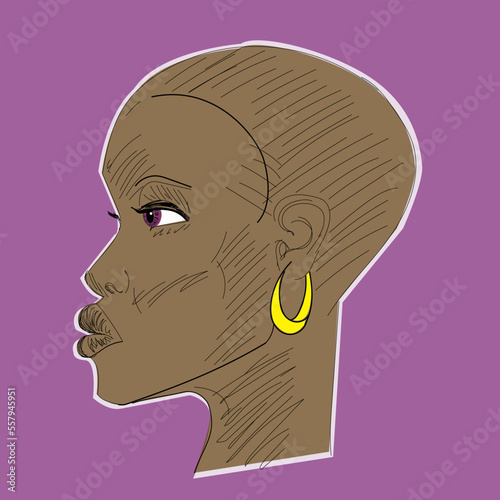 character. portrait in profile of an African girl 
with a big earring. Short hair. Hand drawn illustration. stroke sketch. Dark skin. Lilac background.
