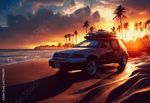 SUV with luggage on roof on seashore near palm trees. Finally vacation.