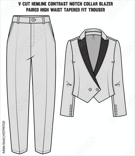 V CUT HEMLINE CONTRAST NOTCH COLLAR BLAZER PAIRED WITH HIGH WAIST TAPERED FIT TROUSER EDITABLE FILE