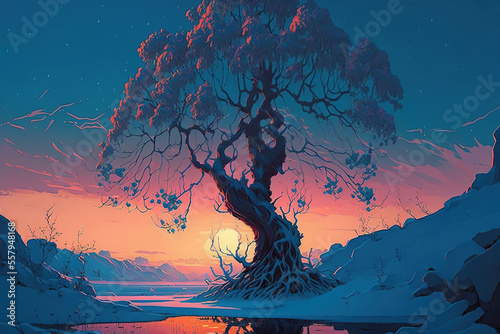 Winter tree  beautiful landscape of winter dawn  art illustration