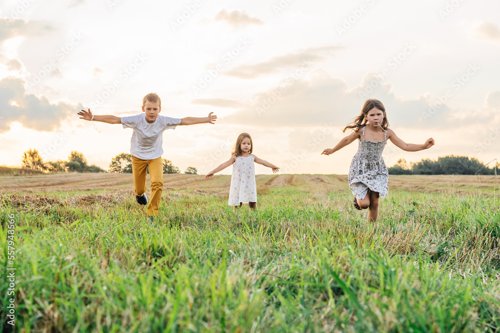 Happy little children play together and run forward across field waving arms wide. Carefree kids on grassy meadow.
