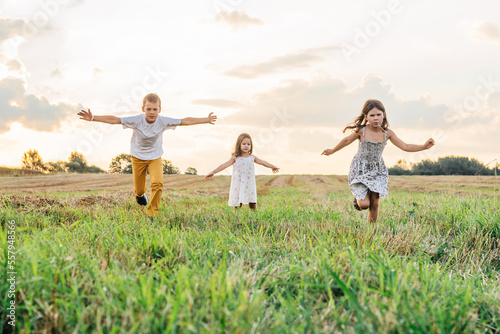 Happy little children play together and run forward across field waving arms wide. Carefree kids on grassy meadow.