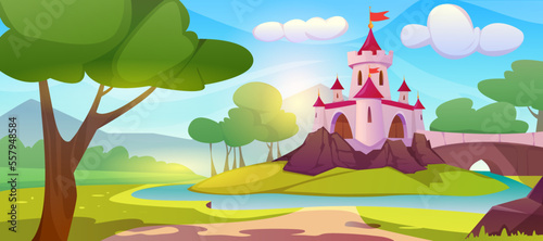 Cartoon pink magic princess castle on hill