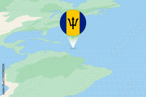 Map illustration of Barbados with the flag. Cartographic illustration of Barbados and neighboring countries.