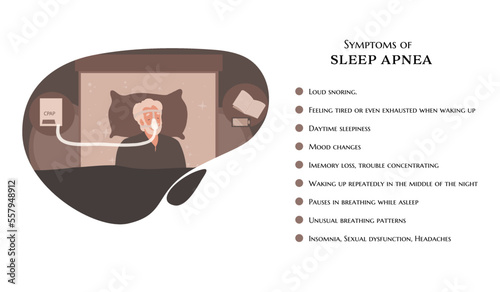 Old, elder man in bed suffers from sleep apnea, sleeping with CPAP machine. Cartoon style illustration. Symptoms of sleep apnea, medical banner, template