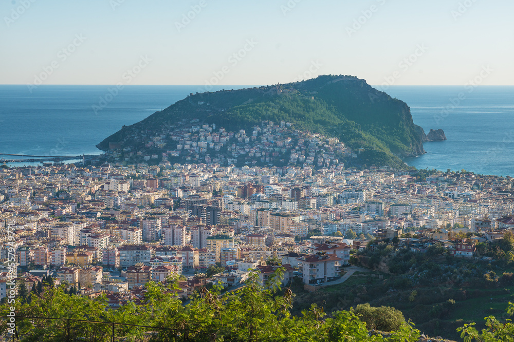 Beautiful panoramic cityscape of Alanya (Turkey) with fortress hill.