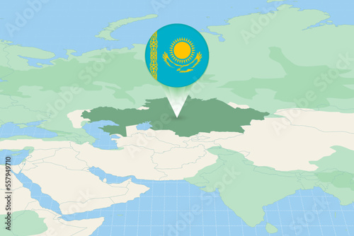 Map illustration of Kazakhstan with the flag. Cartographic illustration of Kazakhstan and neighboring countries.