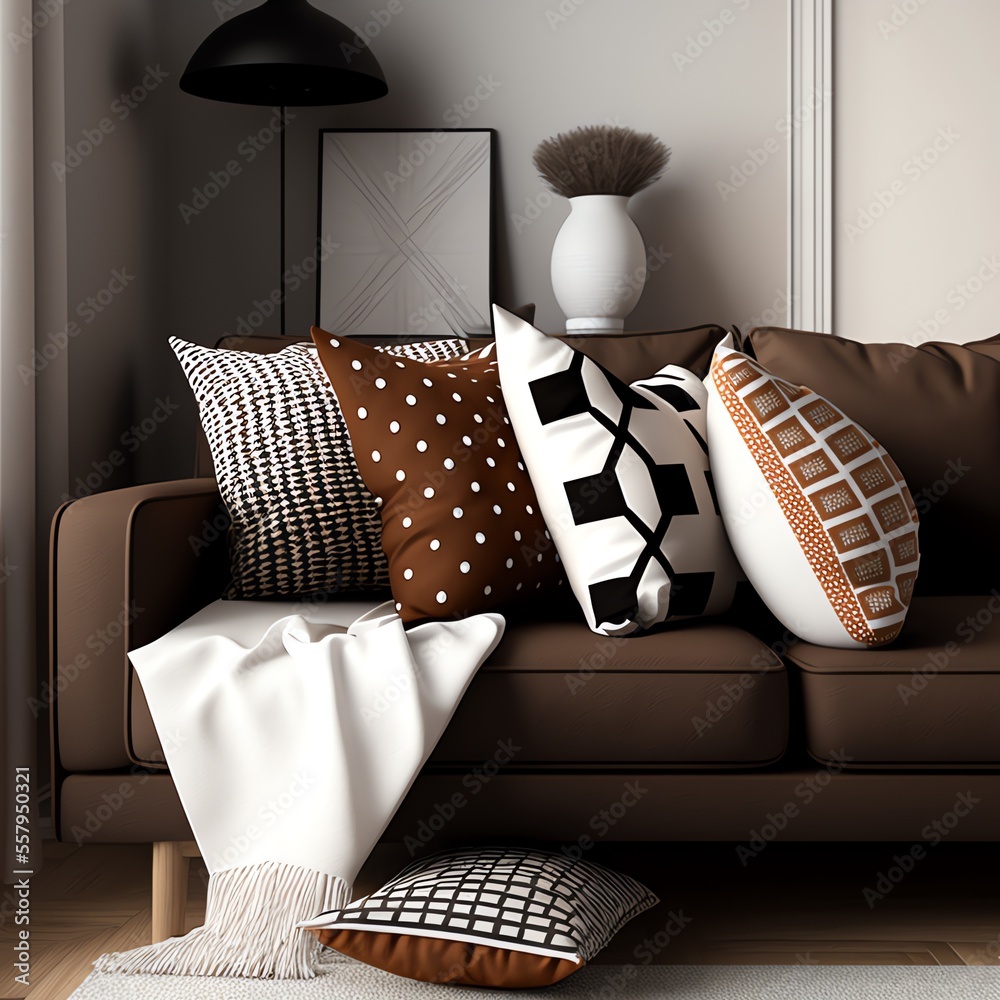 Set pillows with geometric pattern on the brown couch. brown color palette. Modern stylish interior. Boho pillows on the sofa. Elegant living room view. generative ai Stock Illustration