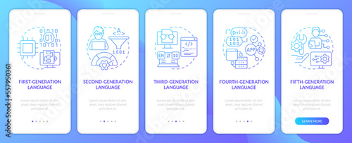 Programming language development stages blue gradient onboarding mobile app screen. Walkthrough 5 step graphic instruction with line concepts. UI, UX, GUI template. Myriad Pro-Bold, Regular fonts used