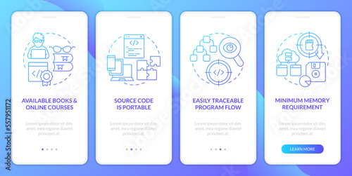 Procedural programming pros blue gradient onboarding mobile app screen. Walkthrough 4 steps graphic instructions with linear concepts. UI, UX, GUI template. Myriad Pro-Bold, Regular fonts used