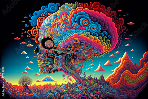 Magical abstract hallucinogen psychedelic human skull, Generative AI