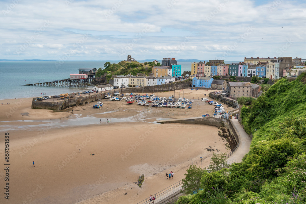 View of Tenby's north beach, on a summers day. Tenby is located on the southern part of the Welsh coastal path