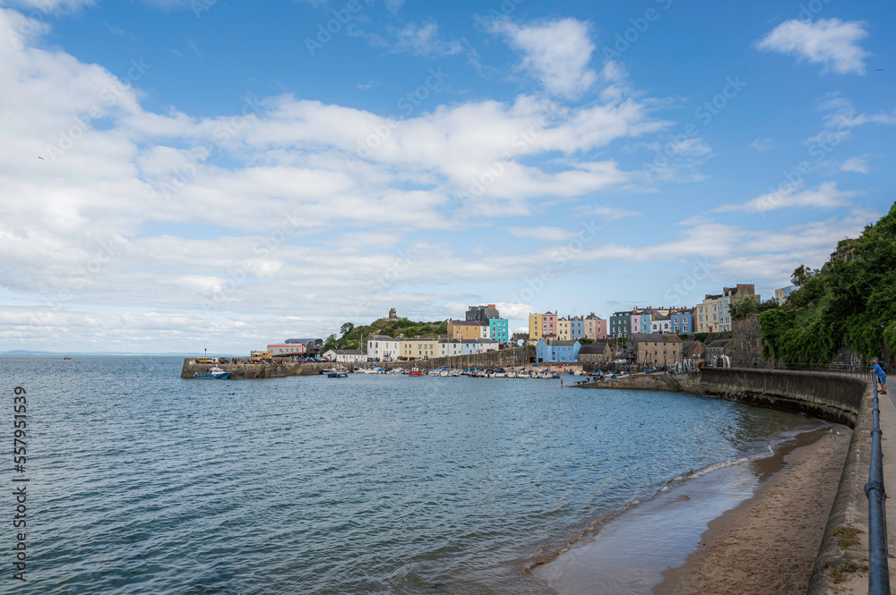 View of Tenby's north beach, on a summers day. Tenby is located on the southern part of the Welsh coastal path
