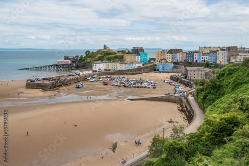 View of Tenby s north beach  on a summers day. Tenby is located on the southern part of the Welsh coastal path