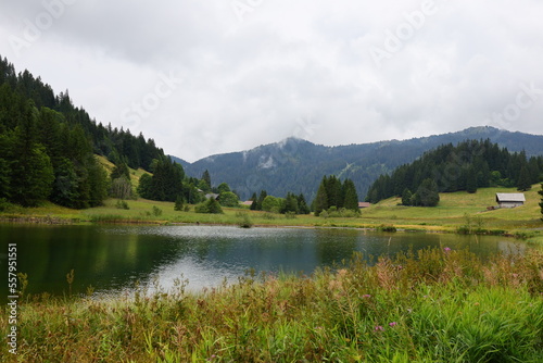 View on a lake of the department of Haute-Savoie in the Auvergne-Rhône-Alpes region of Southeastern France