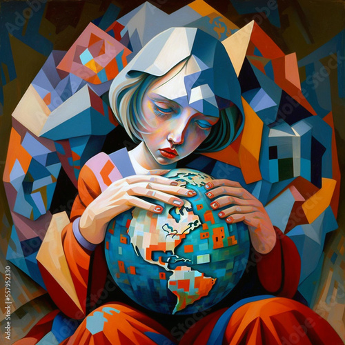 Cubism image of child cradling Earth