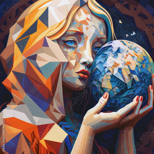 Cubism picture of child cradling Earth