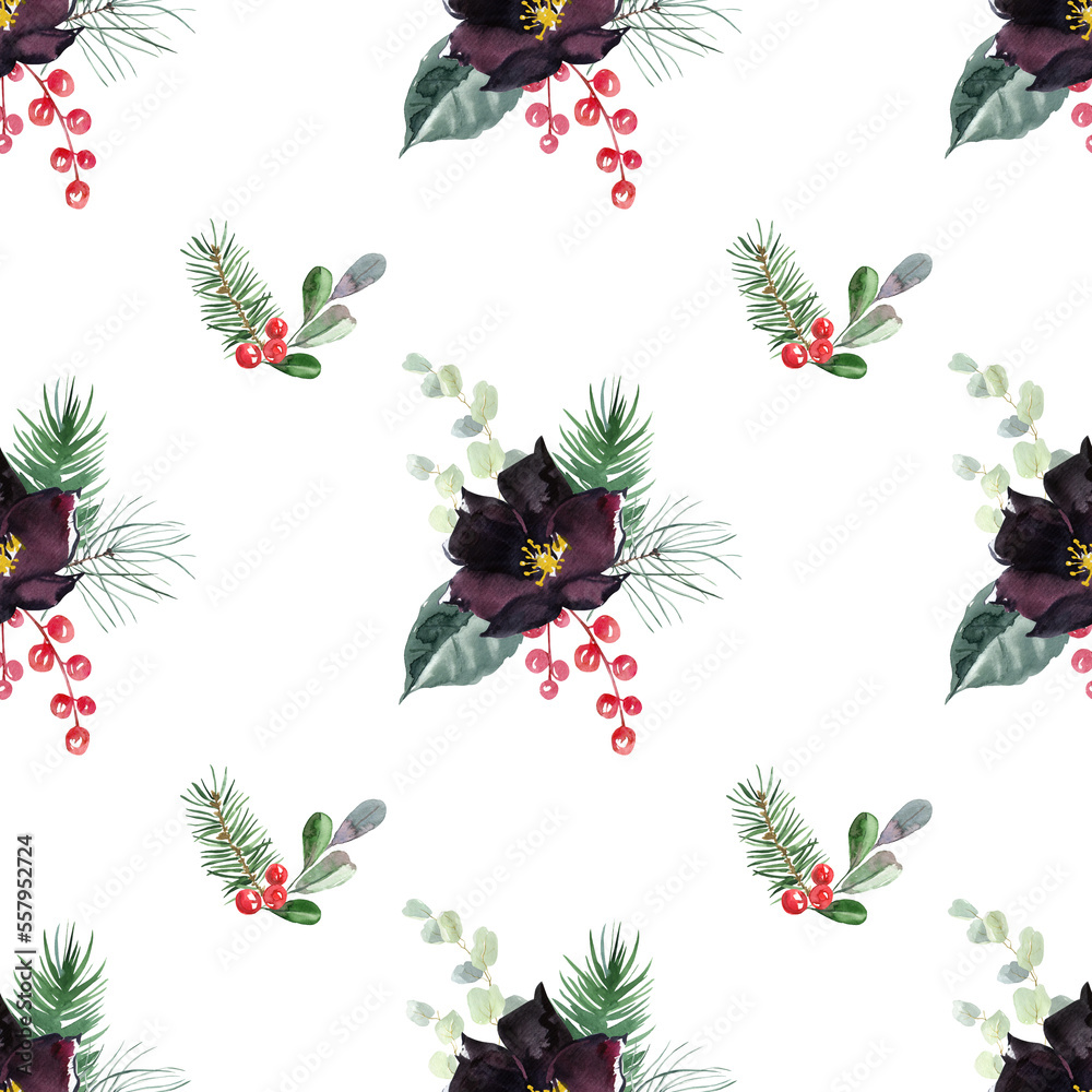 Seamless pattern of dark and red flowers, with green branches. Spring floral pattern. Summer herbs and flowers. Hand drawn watercolor seamless pattern for scrapbooking, wrapping, textile.