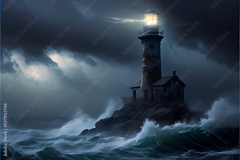 Lighthouse on an ocean thunderstorm big waves. Generative AI