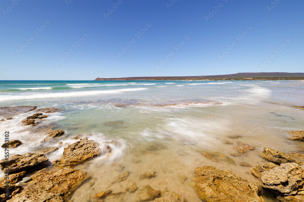 A beautiful view over the coastline of Witsand, South Africa, with blue skies and sunny weather. A beautiful view over the coastline of Witsand, South Africa, with blue skies and sunny weather.