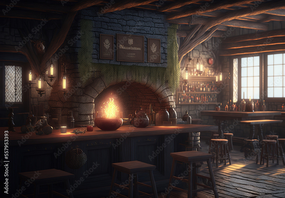 Medieval tavern interior, concept art Stock Illustration | Adobe Stock