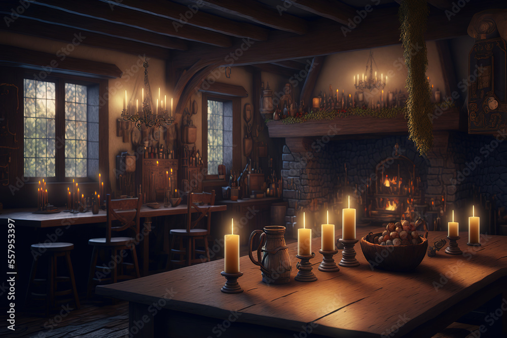 Medieval tavern interior, concept art