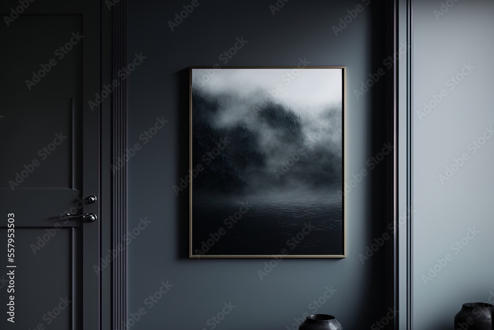 Fototapeta premium Close up of a faux poster frame in a gloomy minimalist space. Generative AI